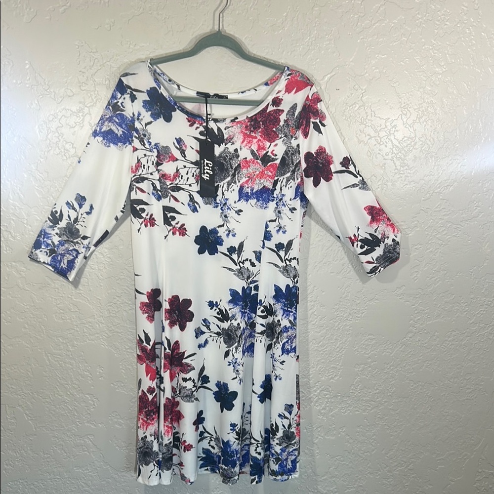 Lily Red and Blue Sundress with Cuffed 3/4 Sleeves